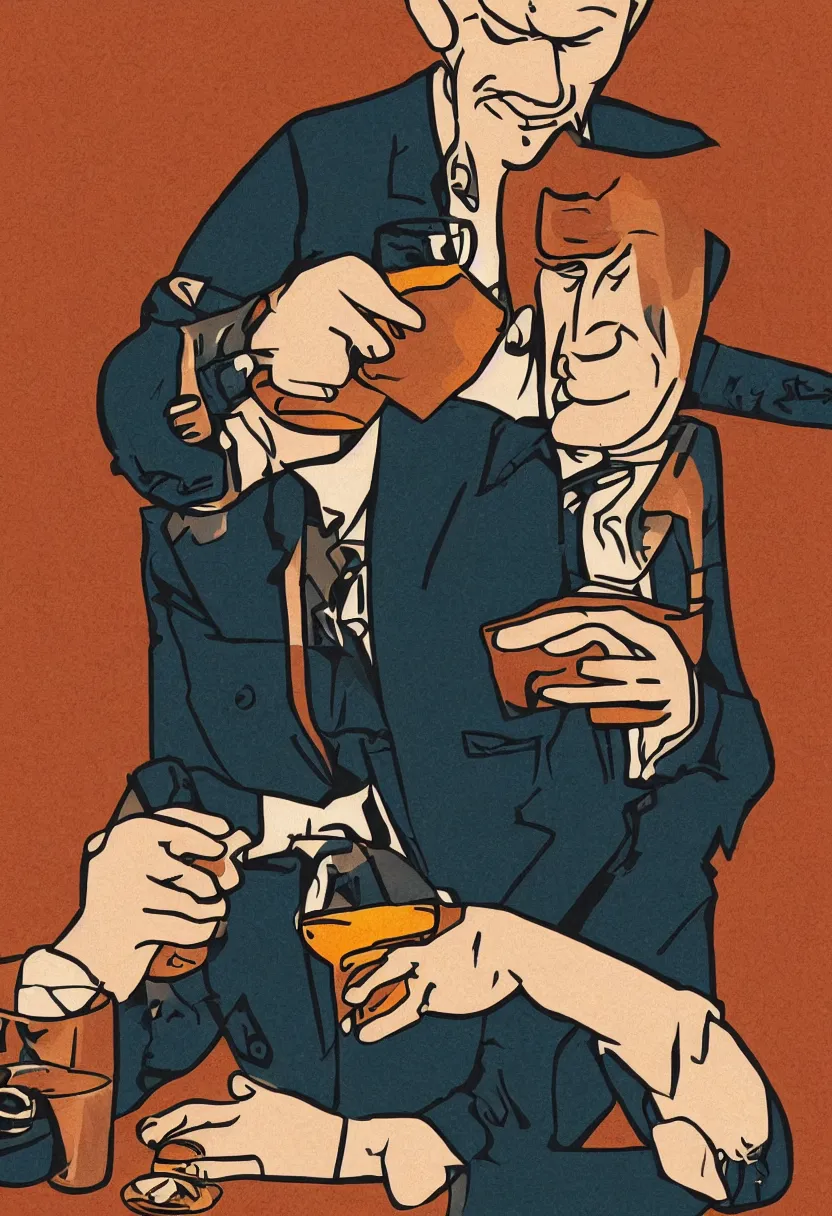 Image similar to a man drinking whiskey on his birthday, highly detailed 2 d illustration in matte colors