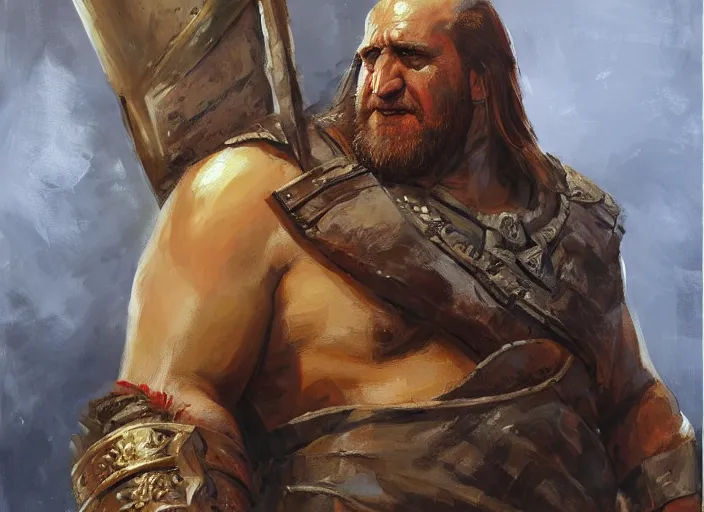 Image similar to a highly detailed beautiful portrait of gerard depardieu as kratos, by gregory manchess, james gurney, james jean