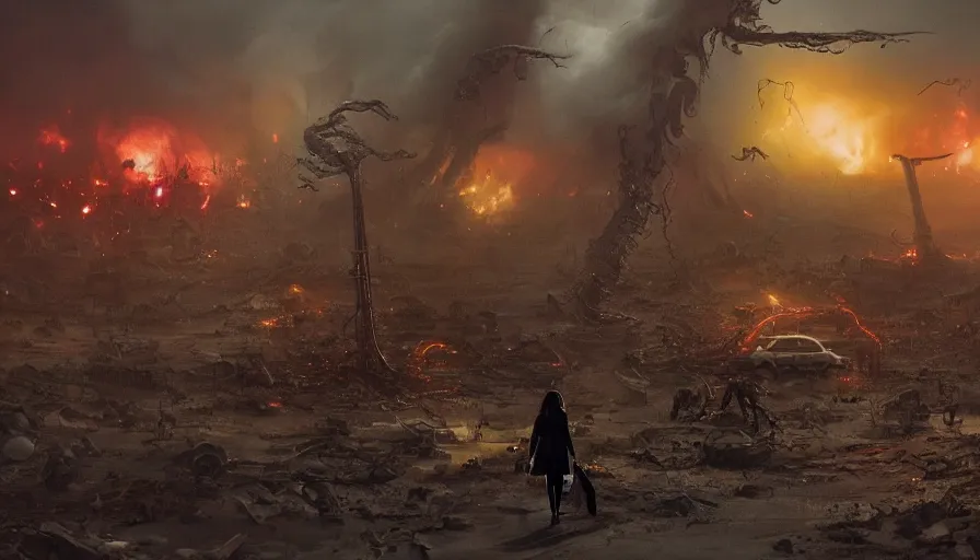 Image similar to woman with black hair and leather jacket walking away from explosion, lovecraftian hellscape, golden tenticles, soldiers and mech fight, simon stalenhag, 4 k, ultra detailed, explosions and smoke