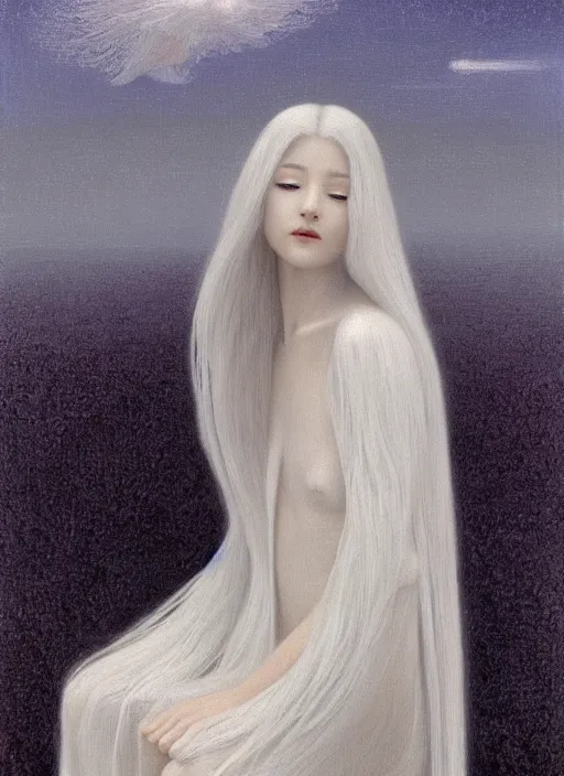 Image similar to thin young beautiful angel with silver hair so long, pale!, wearing white robes!, wearing silver hair, golden goddess, young adorable korean face, silver hair!!, oil on canvas, style of jean delville, 4 k resolution, aesthetic!,