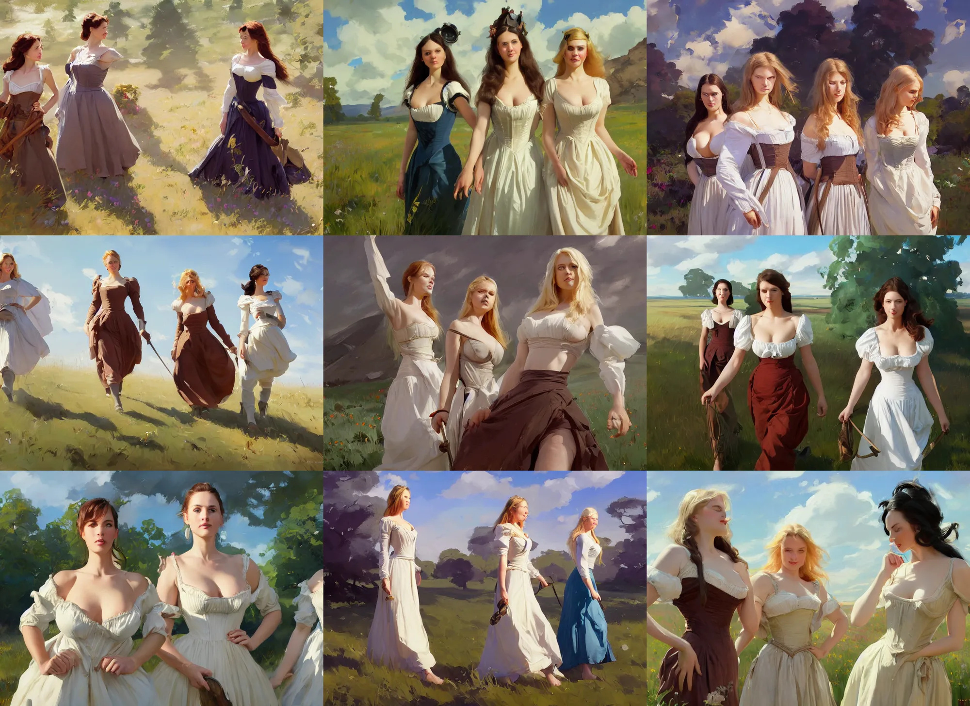 Prompt: three beautiful finnish norwegian swedish scandinavian attractive glamour models wearing 1 7 th century bodice with low neckline walking in the feild in a sunny day, jodhpurs greg manchess painting by sargent and leyendecker, studio ghibli fantasy close - up shot asymmetrical intricate elegant matte painting illustration hearthstone, by greg rutkowski by greg tocchini by james gilleard