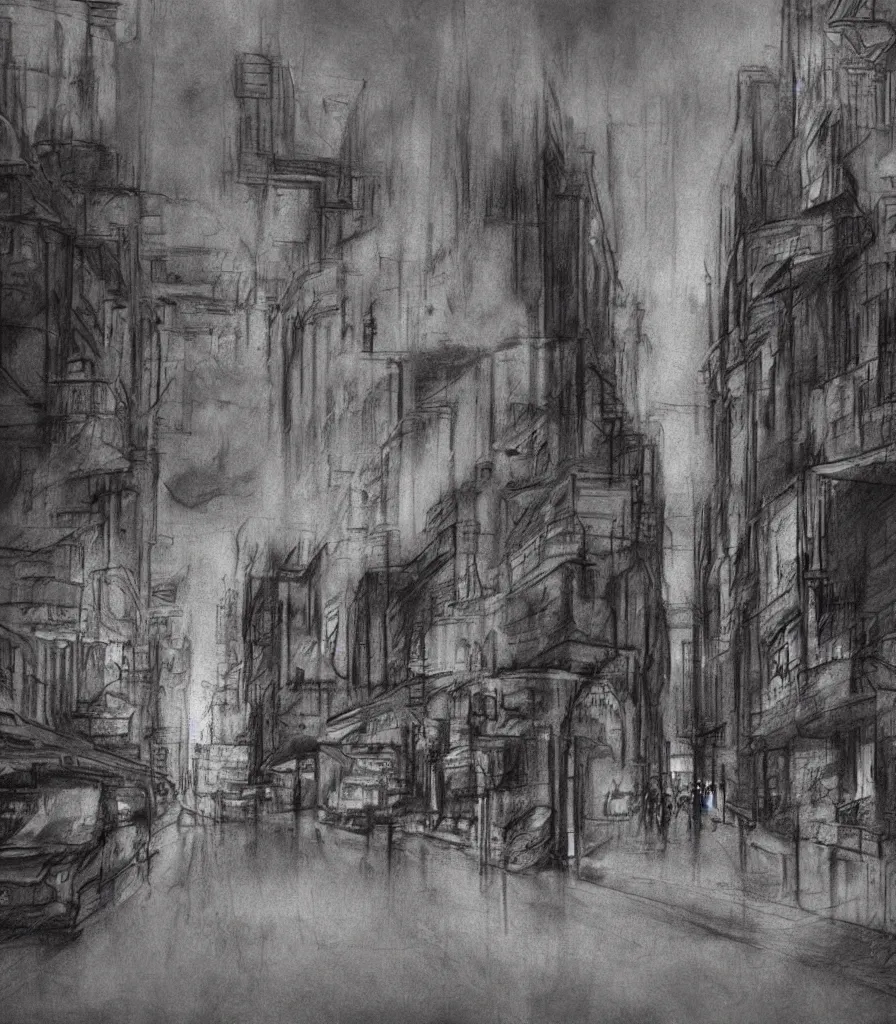 Prompt: charcoal sketch cityscape concept sketch dreamy evocative breathtaking realistic detailed 4 k 8 k red signs