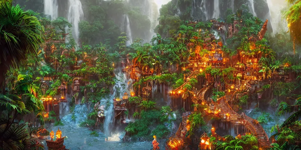 Image similar to aztec jungle village, ornate, beautiful, atmosphere, mist, vibe, smoke, beautiful, rain, reflection, pristine, puddles, waterfall, melting, dripping, wild look, mattepainting concept blizzard pixar maya engine splash comics global illumination lighting artstation, sharp focus, ilya kuvshinov, rossdraws