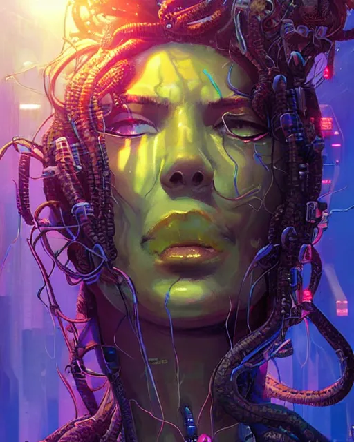 Prompt: a cyberpunk extreme close up portrait of cyborg medusa, electricity, snakes in hair, sparks, bokeh, soft focus, skin tones, warm, sky blue, sunny sky, by paul lehr, jesper ejsing