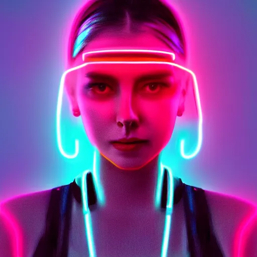 Image similar to digital artwork of woman wearing technological neon collar, cyberpunk art style, 4K, portrait,