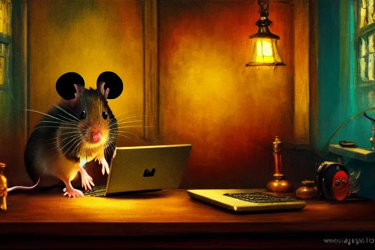 Prompt: A mouse is working on a computer in a Gothic atelier, oil painting, detailed, colorful, glowing lighting, 4k, dimly lit, in the style of vintage Disney 90s retro future,
