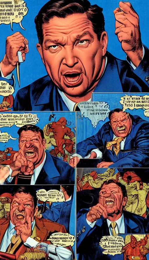 Prompt: ron desantis as a pathetic villain. portrait by clyde caldwell and jean giraud and anton otto fischer and john philip falter and will eisner and gil elvgren