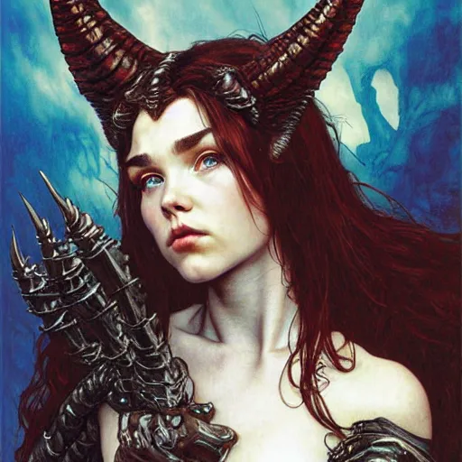 Prompt: head and shoulders portrait of an armored erinyes devil with huge bat wings, portrayed by florence pugh, d & d, fantasy, luis royo, magali villeneuve, donato giancola, wlop, krenz cushart, hans zatka, klimt, alphonse mucha