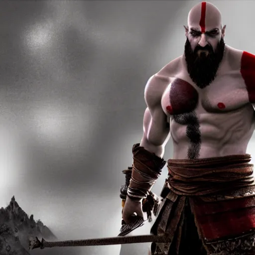 Prompt: Kratos the God of War sits at a desk in an office cubicle, there is a computer on the desk, he is wearing a phone headset, 4k render, gritty image, dark room with computer monitor as light source