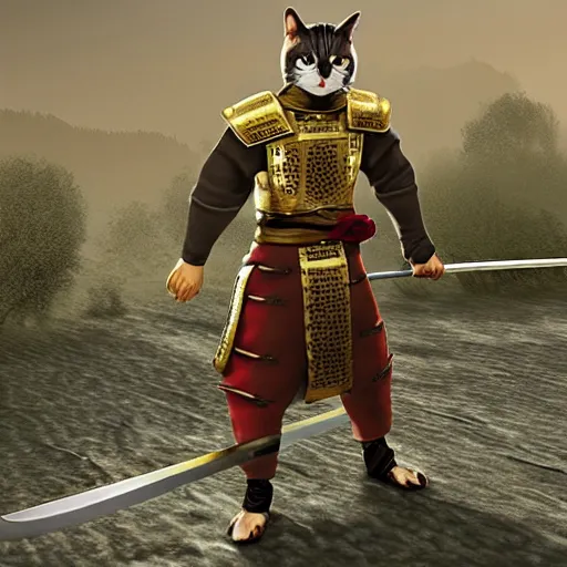 Image similar to cat samurai, full samurai armor, cat warrior, realistic, gold armaments, sword, 4 k, 8 k, hd,