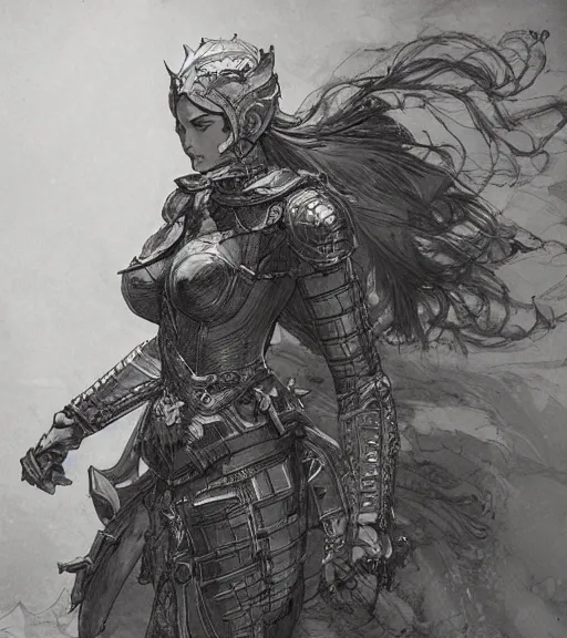 Image similar to anime woman in armor, pen and ink, intricate line drawings, by craig mullins, ruan jia, kentaro miura, greg rutkowski, loundraw