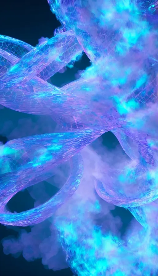 Image similar to 8 k uhd houdini recursive dna structure, background radiant swirling smoke wisps, dreamy colors, magical volumetric lighting, 1 8 mm lens