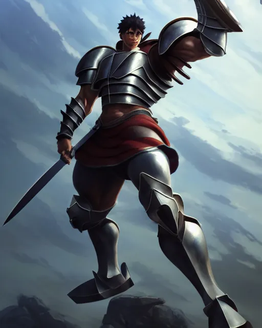 Image similar to strong muscular warrior with a greatsword and fully clad in plate armor, dramatic action pose, square masculine facial features, short messy hair, 3 d octane render, unreal engine 5, ultra high detail, cel shaded, trending on pixiv fanbox, by greg rutkowski makoto shinkai takashi takeuchi studio ghibli, akihiko yoshida