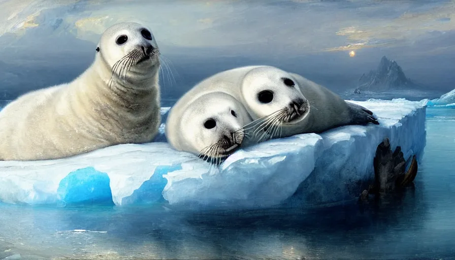 Prompt: highly detailed painting of cute furry white baby seal with antlers cuddling into each other on a blue and white iceberg by william turner, by greg rutkowski, by william constable, thick brush strokes and visible paint layers, 4 k resolution