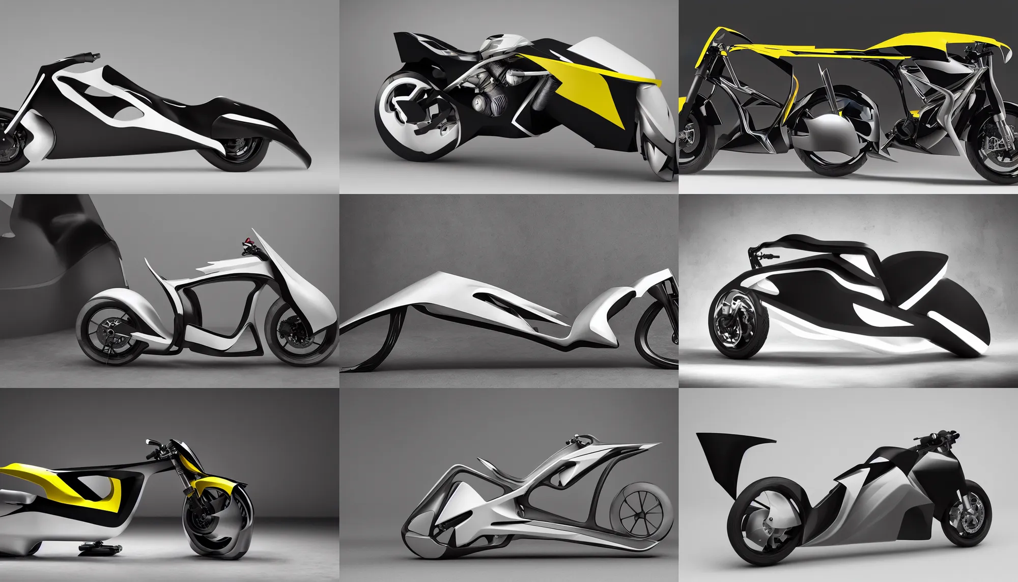 Prompt: motocycle inspired by zaha hadid architects, akira and bumblebee