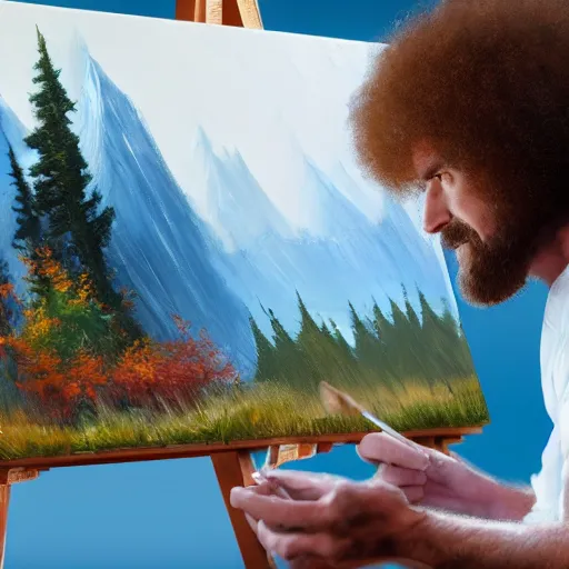 Image similar to a closeup photorealistic photograph of bob ross working on a canvas painting of spiderman. film still. brightly lit scene. mountains and trees. this 4 k hd image is trending on artstation, featured on behance, well - rendered, extra crisp, features intricate detail, epic composition and the style of unreal engine.