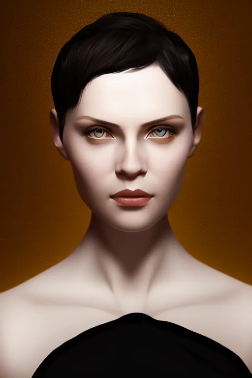 Image similar to Portrait of a beautiful pale skin Nordic female with short black hair, elegant, photorealistic, highly detailed, artstation, smooth, sharp focus, gold ornaments, neon lighting, sci-fi, art by Klimt.