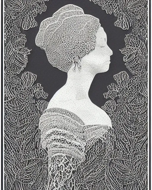 Image similar to a woman's face in profile, made of intricate decorative lace leaves, in the style of banknote illustration