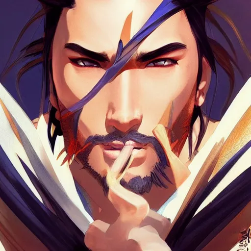 Prompt: hanzo from overwatch, digital painting, artstation, concept art, smooth, sharp focus, illustration, art by artgerm and greg rutkowski and alphonse mucha