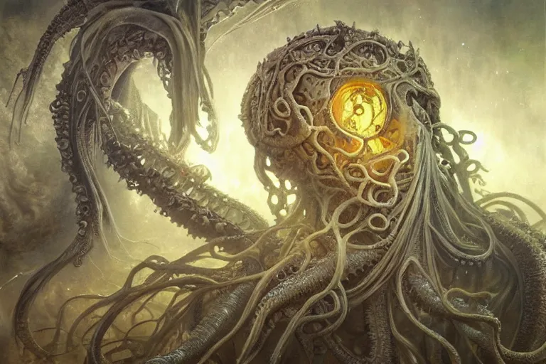 Image similar to a lovecraftian painting of cthulhu face of cosmic horror, cosmic horror elements, ultra realistic, concept art, intricate details, eerie, highly detailed, photorealistic, octane render, 8 k, unreal engine. art by artgerm and greg rutkowski and alphonse mucha