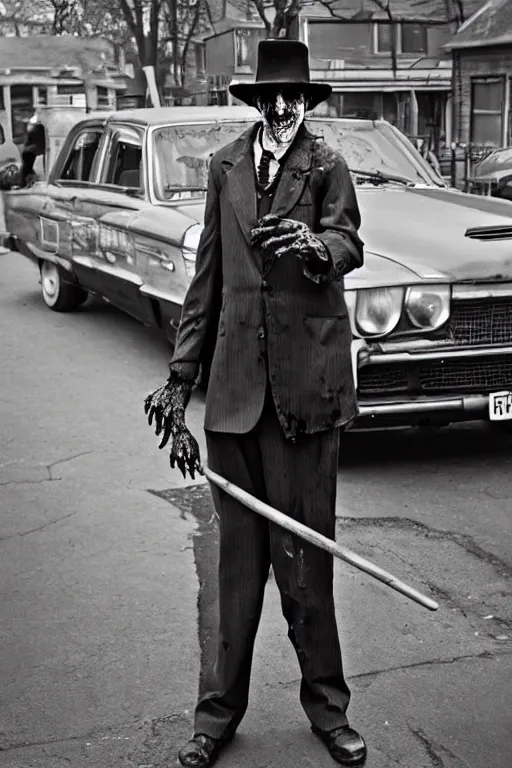 Image similar to A zombie gentleman with a cane stands in the picture near a retro car