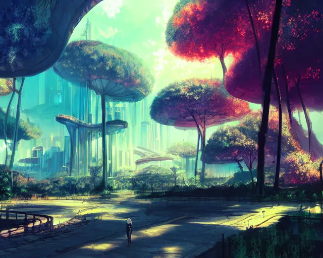 Image similar to scenery artwork, scene beautiful, light!! light essential futuristic city world and nature vegetation with daylight, surrealism oil on canvas, artstation!! pixiv!! dream scenery, quality astral projection render, nier automata concept art, vaporwave textures