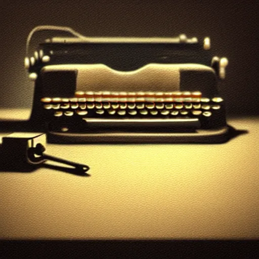 Image similar to painting of a typewriter on a desk in a dimly lit room, volumetric lighting, style of greg rutkowski