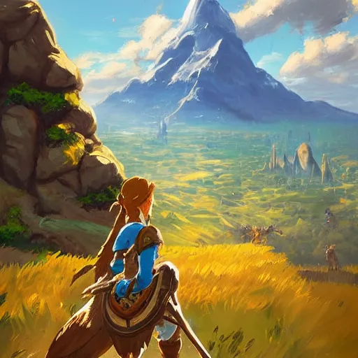 Image similar to oil painting breath of the wild landscape, mountain in the background. beautiful, rpg, dnd, artstation, artgerm, disney, pixar