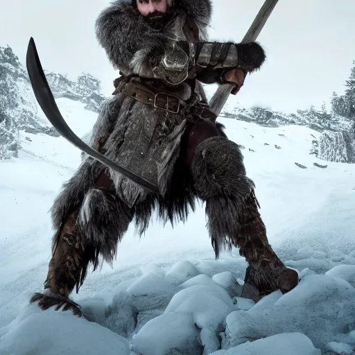 Prompt: a dnd barbarian half frost giant with pale skin and short black beard and hair wearing a fur coat, shoulder armor and holding an axe, high resolution film still, 4k, HDR color