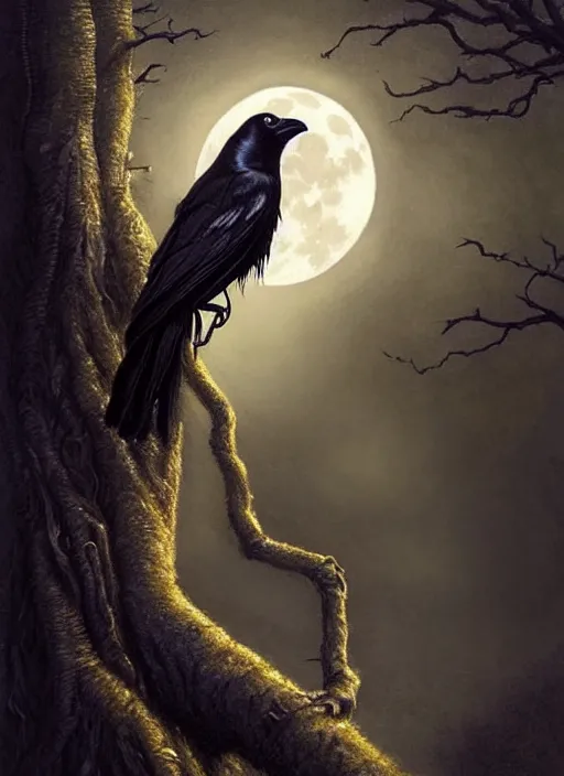 Image similar to side portrait dark crow on tree in front of the full big moon, fine art, awesome fantasy book cover on Pinterest, award winning, fantasy forest landscape, fantasy magic, dark golden light night, intricate, elegant, sharp focus, illustration, highly detailed, digital painting, concept art, matte, art by WLOP and Artgerm and Greg Rutkowski, masterpiece, trending on artstation