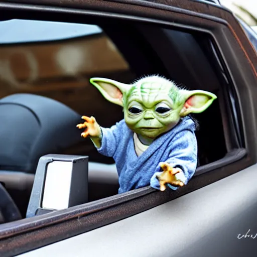 Image similar to baby yoda hanging out of car window screaming at drive thru ordering menu