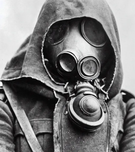 Image similar to a man wearing detailed hooded gas mask at distance, ww1 film photo, grainy, high detail, high resolution