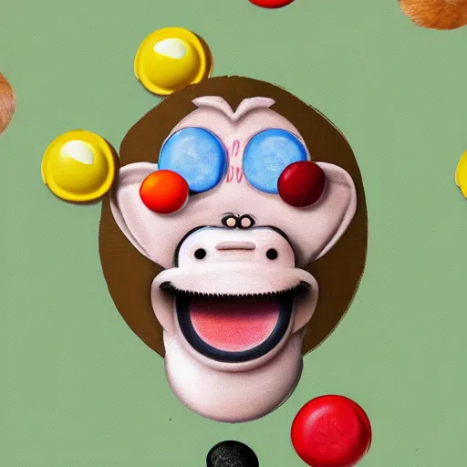 Image similar to monkey but his eyes are made of m & ms