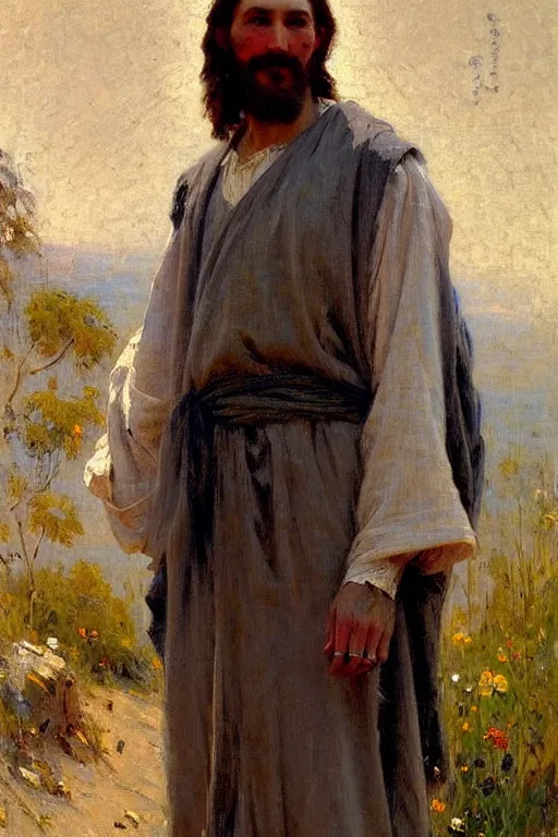 Image similar to impressionist brushstrokes!!!!!!!!! solomon joseph solomon and richard schmid and jeremy lipking victorian loose genre loose painting full length portrait painting of jesus with a slight smile happy inviting