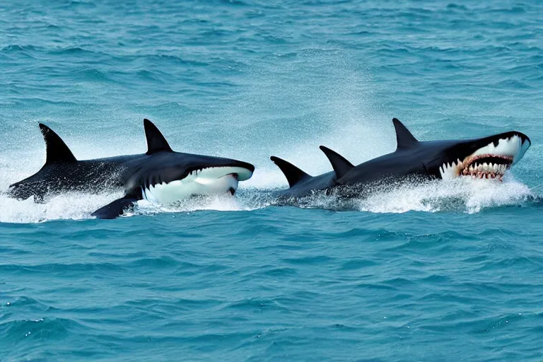 Prompt: sharks pushing people off the boat into the ocean