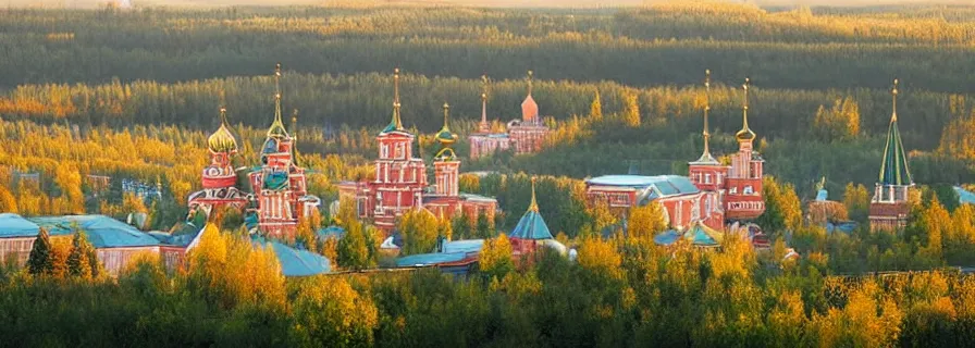 Image similar to view on sleeping district in province russian town at morning sunrise, doomer romantic lightning, squared buildings, trees