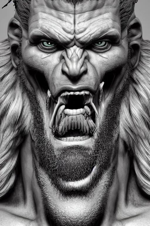 Image similar to studio portrait of hulking herculean ogre jesus christ, ultrafine hyperrealistic face illustration by kim jung gi, irakli nadar, intricate linework, sharp focus, bright colors, matte, octopath traveler, final fantasy, unreal engine highly rendered, global illumination, radiant light, intricate environment