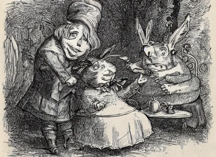 Prompt: Tenniel illustration of Alice in Wonderland Lewis Carrol