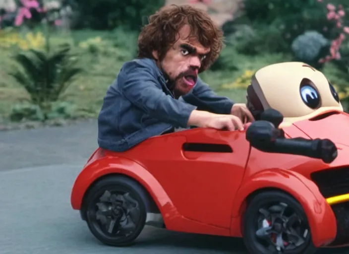 Prompt: peter dinklage racing gizmo from gremlins driving a little tikes cozy coupe, movie still, from the new fast and furious movie, 8 k, realistic