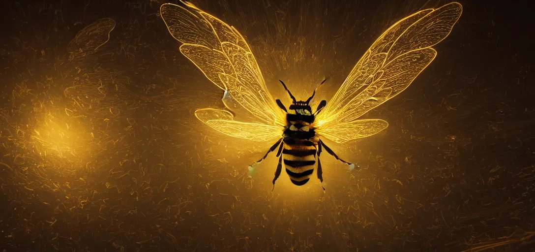 Prompt: An epic, ornate, highly detailed painting of a bee with back-lit translucent glowing angels wings, rim light, volumetric lighting, octane render, 8k