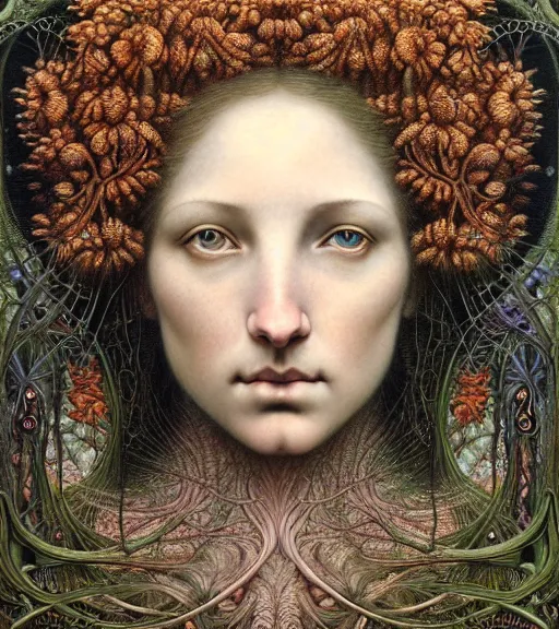 Prompt: detailed realistic beautiful autumn goddess face portrait by jean delville, gustave dore, iris van herpen and marco mazzoni, art forms of nature by ernst haeckel, art nouveau, symbolist, visionary, gothic, neo - gothic, pre - raphaelite, fractal lace, intricate alien botanicals, ai biodiversity, surreality, hyperdetailed ultrasharp octane render