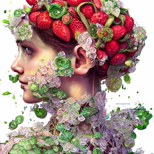 Image similar to the portrait of an absurdly beautiful, graceful, elegant, sensual woman made of strawberries and green petals, an ultrafine hyperdetailed illustration by kim jung gi, irakli nadar, intricate linework, bright colors, octopath traveler, final fantasy, unreal engine 5 highly rendered, global illumination, radiant light, detailed and intricate environment