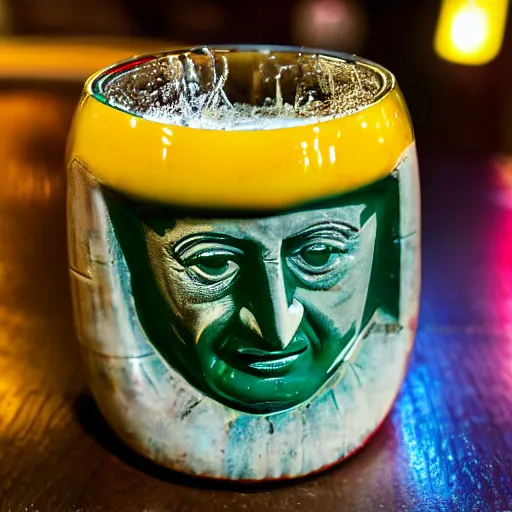 Image similar to a closeup photorealistic photograph of a glossy ferrari themed tiki mug at at a trader vic's bar featuring the face of young enzo ferrari. party. tiki theme. bright scene. fine detail. this 4 k hd image is trending on artstation, featured on behance, well - rendered, extra crisp, features intricate detail, epic composition and the style of unreal engine.