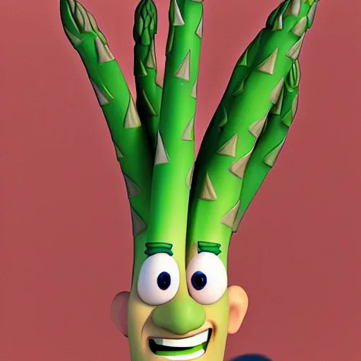 Image similar to a 3 d portrait of a handsome asparagus character from the movie sausage party. cinema 4 d, maxon one, ue 5, very high aperture, subsurface scattering, volumetric lighting, perfect lighting, focus on face.