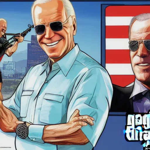 Image similar to joe biden wearing aviators and laughing in gta v, cover art by stephen bliss, boxart, loadscreen