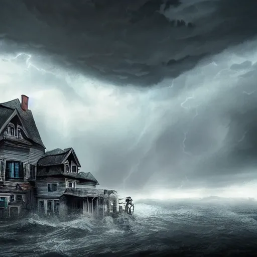 Image similar to haunted house floating in water, storm approaching, stylized, artgerm, artstation, hd, cgsociety, cgi, realistic, dramatic, cinematic, artistic, trending, detailed