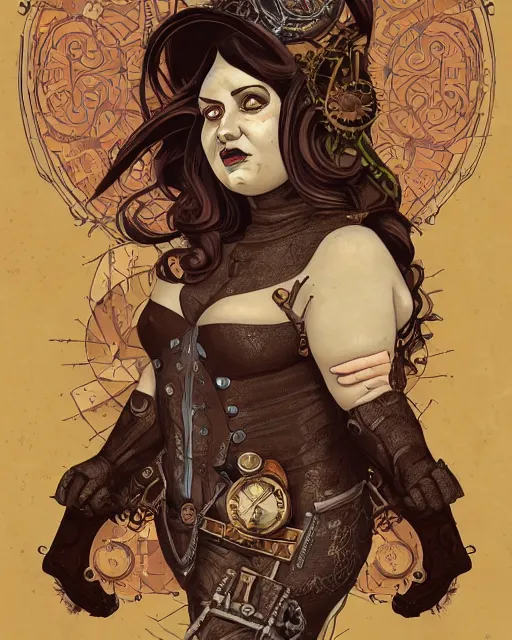 Image similar to a detailed portrait illustration of a steampunk necromancer. beautiful obese female face. art nouveau, pop art, comic book style. influenced by neil gaiman, h. p. lovecraft, dan mumford, karol bak, vadim voitekhovitch, killian eng, ross tran, cedric peyravernay.