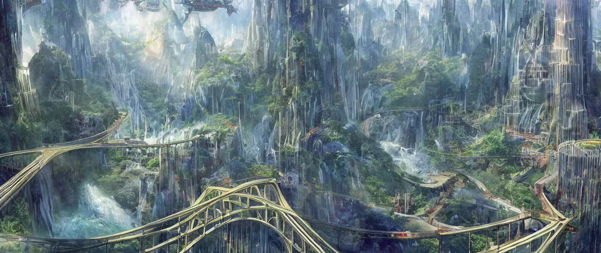 Image similar to A beautiful illustration of a futuristic city of bridges built on a world of waterfalls by Robert McCall and Ralph McQuarrier | sparth:.2 | Time white:.2 | Rodney Matthews:.2 | Graphic Novel, Visual Novel, Colored Pencil, Comic Book:.6 | unreal engine:.3 | | viewed from above | establishing shot:.7