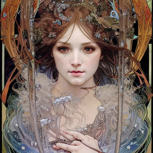 Prompt: realistic detailed face portrait of the goddess of winter surrounded by icicles by Alphonse Mucha, Ayami Kojima, Amano, Karol Bak, Greg Hildebrandt, Jean Delville, and Mark Brooks, Art Nouveau, Neo-Gothic, gothic, rich deep moody colors