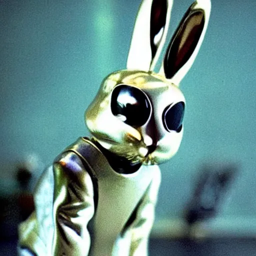 Image similar to the t-1000 from terminator 1 movie but as a bunny rabbit.